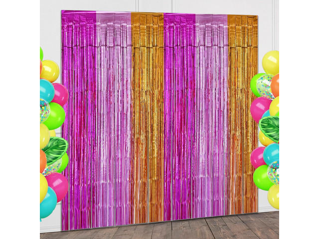 Hawaiian Fringe Backdrop Birthday Decorations, 2 Pack 3.2x6.6ft Peach Pink and Orange Hawaiian Foil Fringe Curtains Photo Booth Props Tropical...
