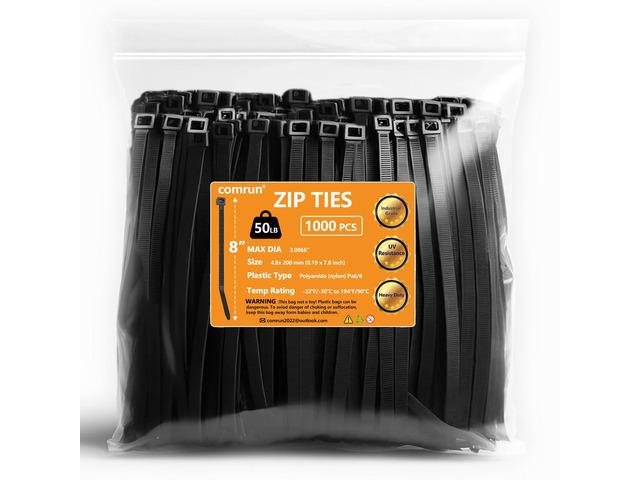 1000pcs 8Inch Nylon Zip Ties, 50 Pounds Tensile Strength, Black Cable Tie, Industrial Grade, UV Resistant,Heavy Duty,for Home,Garden...