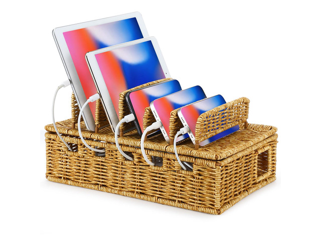 Cable Management Box Handwoven Imitation Rattan Cord Hider Box Charging Station Basket Desktop Cord Organizer with Removable Divider for Laptop...