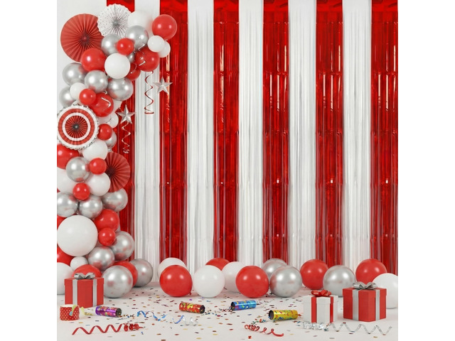 2 Pack Red White Tinsel Foil Fringe Curtains Circus 3.28×8.20 ft Metallic Streamers Tinsel Curtains Background for Graduation Birthday Wedding Party