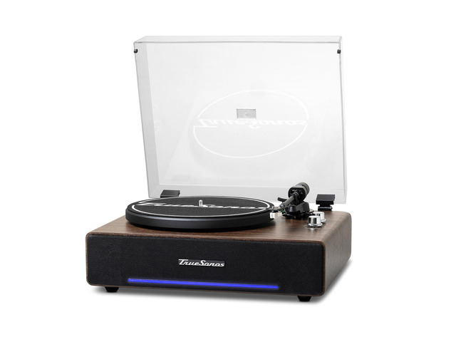 Vinyl Record Player with Speakers, Walnut/Silver Bluetooth IN/OUT, 4-Speaker Stereo, Belt-Drive Turntable, 33/45 RPM, RCA Output, Auto-Stop,...