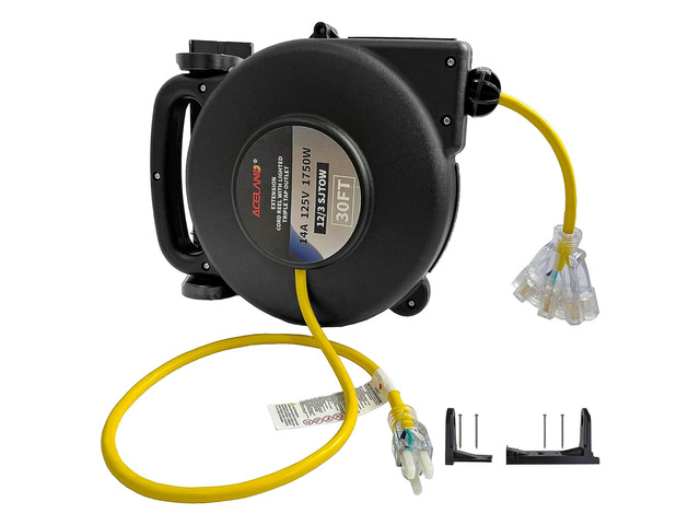 12 Gauge 30 FT SJTOW Retractable Extension Cord, Heavy Duty Power Cord, 14 Amp 125V 1750W, Triple Outlet Electric Cord Reel, Ceiling or Wall Mount,...