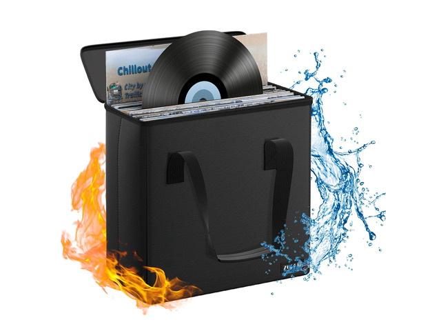 Fireproof Vinyl Record Storage Box,Holds 30 Albums, Black Water Resistant, Collapsible, Carrying Case with Lid, Fit 7/12 inch Albums