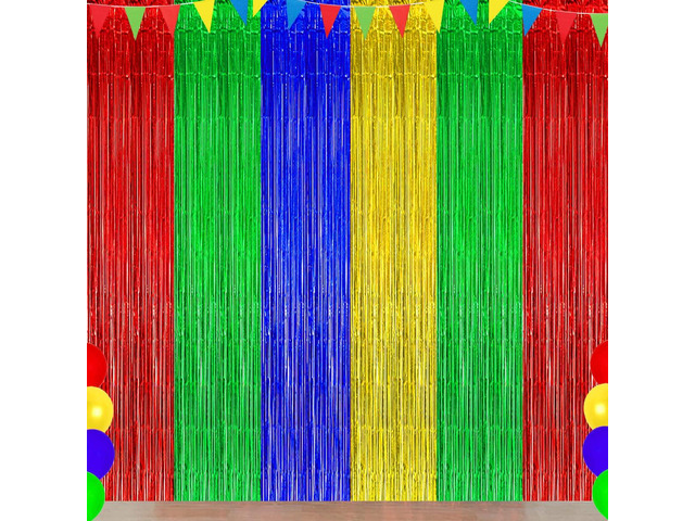 Blue Red Green Yellow Party Decorations Foil Fringe Backdrops, 3Pack Blue Red Green Yellow Streamer Tinsel Curtains for Graduation Boys Girls...