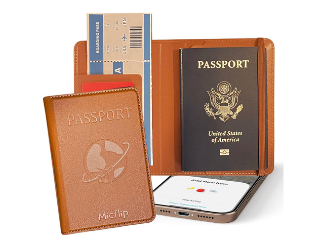 Smart Passport Holder with Built-in Wireless Tracker MFi Certified Compatible with Apple Find My Travel Wallet with Card Slots, Boarding Pass...