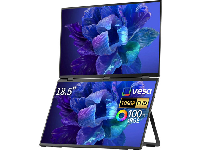 18.5' FHD 1080P Dual Portable Monitor 100% sRGB Laptop Screen Extender, 330° Screen Adjustment & 135° Stand, VESA Mountable, USB-C/HDMI, Travel...