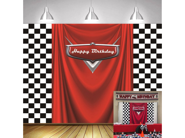7x5ft Car Black White Grid Red Birthday Themed Backdrops Racing Flag Red Photo Backgrounds for Photography Happy Birthday Party Banner Photo Booth...
