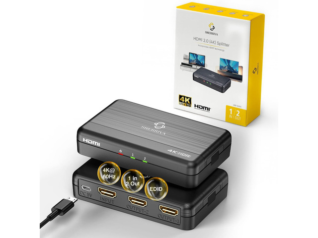 4K HDMI Splitter 1 in 2 Out (Mirror Only) HDMI 2.0 4K@60Hz, 1080p@240Hz Auto Downscaling, 18Gbps, HDCP 2.2, Smart Power Detection, Duplicate...