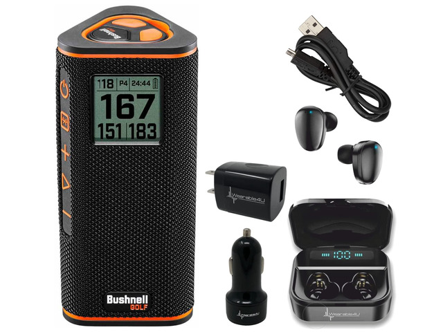 Bushnell Wingman View Golf GPS Bluetooth Speaker with Ultimate Black Earbuds and Wall and Car Chargers Bundle, 7.3x3.2x3.1in