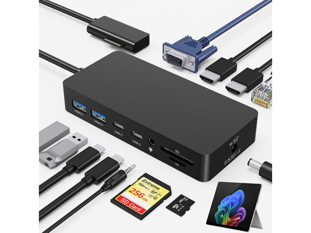 Surface Dock, 12 in 1 Surface Docking Stationg with 2*HDMI + 1*VGA, 5Gbps Data, SD/TF, RJ45, 3.5mm Audio Port, Surface Pro Dock for Surface Pro...