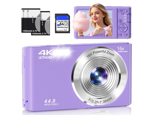 Digital Camera 4K, Autofocus Compact Digital Camera for Photography with 16X Zoom, 64GB Card & 2 Batteries, 44MP Portable Camera for Teens,...
