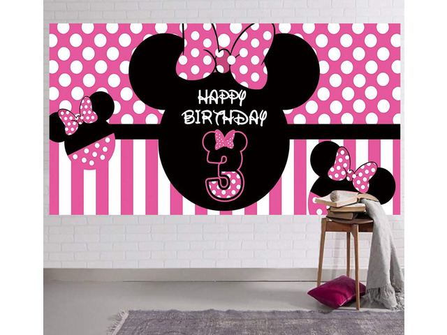 Minnie 3rd Birthday Backdrop Minnie 3rd Birthday Banner Party Supplies Minnie Third Bday Decorations Background (6.6 x 3.3 ft)