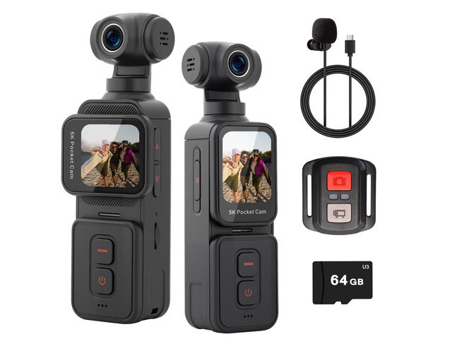 5K Pocket Vlogging Camera with Face Tracking, 64GB Card Vlog Body POV Camera, Action Cam 5K, WiFi, Electronic 270° Rotating Lens, Touch Screen,...