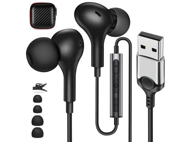 USB Earbuds with Microphone for PC Laptop,Wired USBA Headset,Black in Ear Buds Noise Isolating Light Laptop Earphones,Headphones with Mic for...