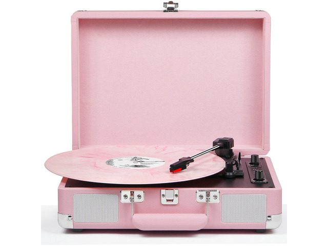 Vinyl Record Player Bluetooth 3-Speed Portable Suitcase Turntable with Built-in Speakers, USB Recording Vinyl to MP3, RCA, AUX & Headphone Output Pink