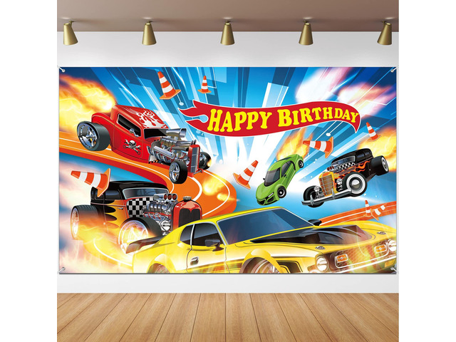 Hot Car Birthday Party Decorations Hot Race Car Birthday Party Backdrop 5.9x3.6ft Banner Background for Boys Racing Signs for Indoor Outdoor...