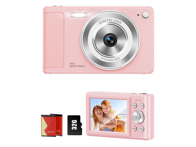 Digital Camera, 56MP, FHD 1080P Point & Shoot Camera, 32GB SD Card 2 Batteries, Type-C Cable, Camera Bag Included, Burst Mode, Girls & Kids Aged...