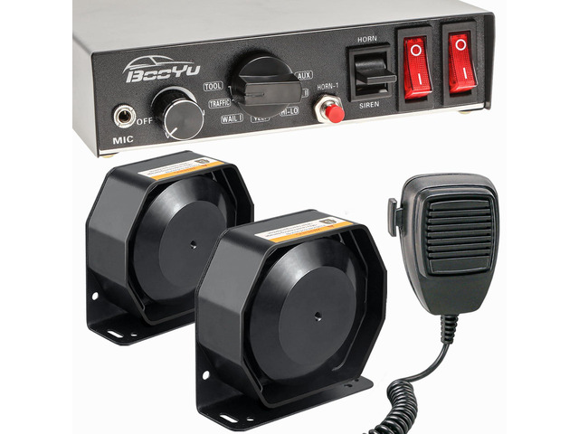 12V 400W Emergency Siren PA System for Tow Trucks, Construction Vehicles, 9 Tone Slim Speaker Horn Alarm [Handheld Microphone][2 x 10A Switches]