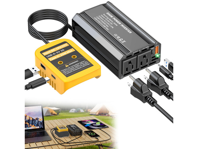 300W Power Inverter Compatible with Dewalt 20V Battery, DC 20V to AC 110V Battery Converter with PD 65W Type-C Fast Charging & 20W USB-C, 2 AC...