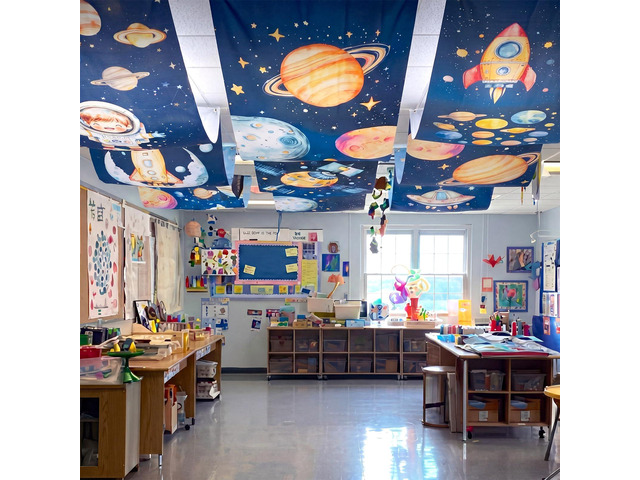 3 Pack Space Galaxy Ceiling Decorations for Classroom 24' x 12 ft Astronaut Rocket Planet Universe Hanging Banners, Outer Space Theme Decor for...