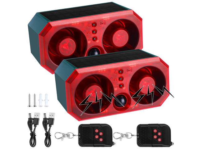 2 Pcs Solar Outdoor Motion Sensor Alarm Motion Sensor Animal Deterrent Dog Barking Alarm 13 Sound 130dB Loud Noise Maker 4 Mode with USB Remote...