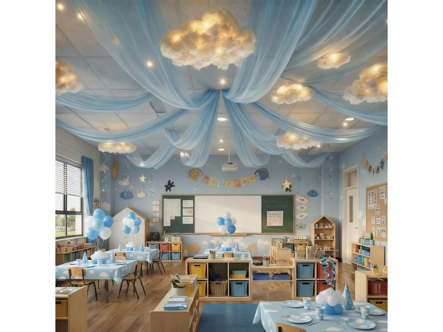 15 Pcs Blue Sky White Cloud Ceiling Decor, 8 Pcs 60x12 ft Blue Sky Backdrop, 6 Artificial Cloud 3D Cotton for DIY Classroom Hanging Ornament...