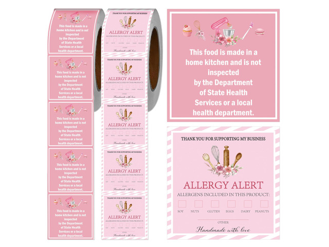 1000 Pcs Cottage Food Law Labels Stickers Allergen Warning Sticker Baked with Love, Homemade Kitchen Inspection Statement Decals, Bakery Labels...