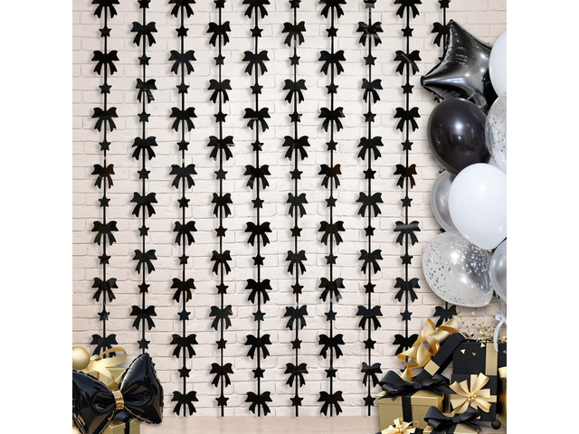 Bow Foil Fringe Curtains, Black Bow Birthday Backdrop, 2 Pack Bow Party Decorations Black Birthday Party Supplies Photo Booth Props Streamers for...