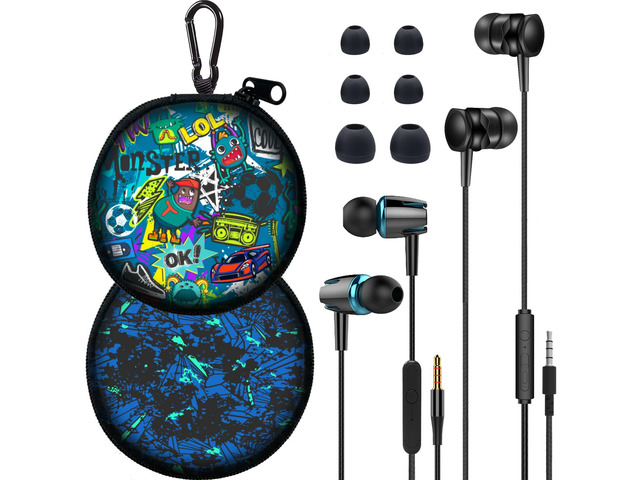2-Pack Teens Wired Earbuds with Cases, 3.5mm School Headphones, Graffiti 2-pack wired student earbuds with D-ring carabiner clips to attach on...