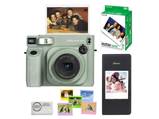 INSTAX Wide 400 Instant Camera Sage Green Bundled with INSTAX Wide Instant Film 20 Exposures + Wide Album & Colored Frames + Cleaning Cloth (4...