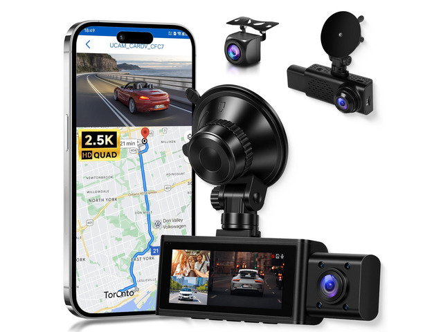3 Channel Triple Dash Cam, 2.5K Front + 1080P Cabin Rear Car Camera Recorder, 3.16 Inch Screen with WiFi GPS, Low-Light Night Vision, G-Sensor,...