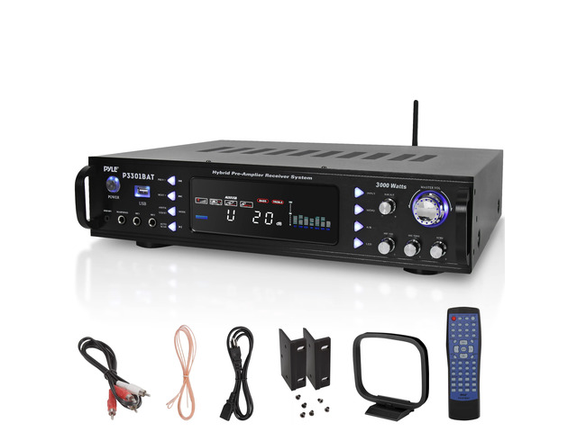 Bluetooth Stereo Amplifier - Rack Mount, Multi-Channel 3000W Peak Power, Easy Karaoke with Dual Mics, Subwoofer Out, Pre-Amp Out, AM / FM Radio,...