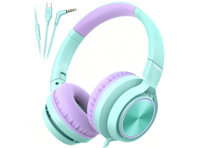 Kids Headphones for School Travel, Upgrade USB Type C Safe Volume 94dB, with Mic HD Stereo Sound Foldable On-Ear Headphones for...