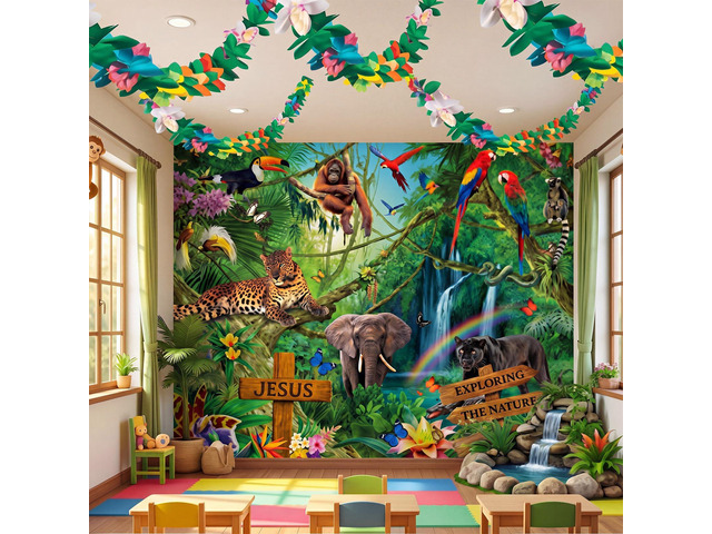 3 Pcs Vbs 2026 Decorations 7x6 ft Rainforest Falls Backdrop with 2 Pcak 9.8 ft Garland Set Tropical Bible Theme for Sunday School Photo Props...