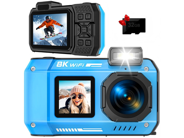 8K Underwater Camera, 33FT 70MP Waterproof Camera for Snorkeling Rugged Dustproof Shockproof Dual-Screen Selfie 2500mAh Battery, Autofocus...
