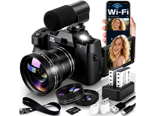 5K Digital Camera for Photography with Wide Angle & Macro Lens Flip Screen, Wireless WiFi Connection, Beginners Camera with Microphone, 32GB...