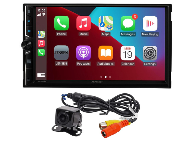 J3CA7W 7-inch Double DIN Certified Wireless Apple Carplay Android Auto Car Stereo & BUCAM100J Backup Camera Bundle