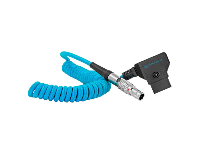 Coiled D-Tap to 2-Pin LEMO 0B Male Power Cable 16-36 Inch, Nylon Braided, Right-Angle D-Tap, for Blackmagic Pyxis 6K, SmallHD, Teradek, Z CAM Blue
