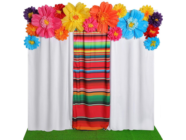 19 Pcs Mexican Fiesta Decorations Set Mexican Paper Flowers Polyester Backdrop Curtains Backdrop Fiesta Party Decorations Supplies Set for Cinco De...