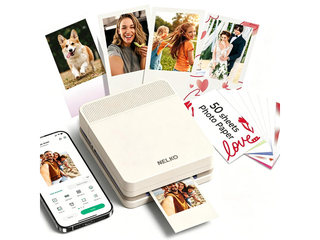 Portable Photo Printer, PP03 Color Mini Instant Photo Printer, Beige Premium Prints, Color Instant Inkjet Printer with 50 Sheets of Photo Paper,...