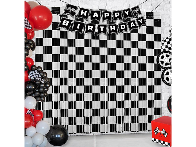 Race Car Birthday Party Streamers Backdrops Decorations, 2 Pcs Checkered Black White Foil Fringe Curtain Racing Photo Booth Props for Racing Cars...