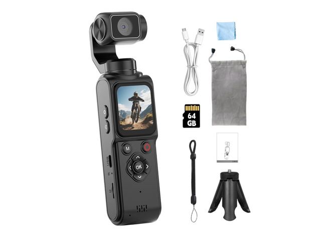 4K Vlogging Camera with 330° Rotating Lens & Face Tracking, 65MP Pocket Camera with WiFi, 6-Axis Stabilization, Touch Screen, 64GB TF Card &...