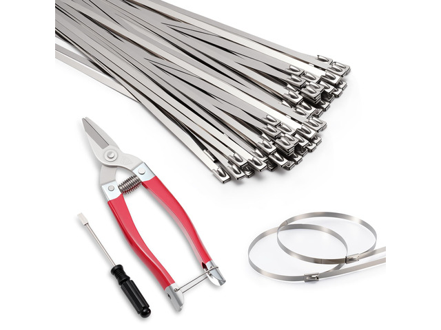 52-Piece Stainless Steel Zip Tie Kit with Scissors and Release Tool Self-locking 11.8-inch 304 metal ties for exhaust wrap, fencing, pipes,...