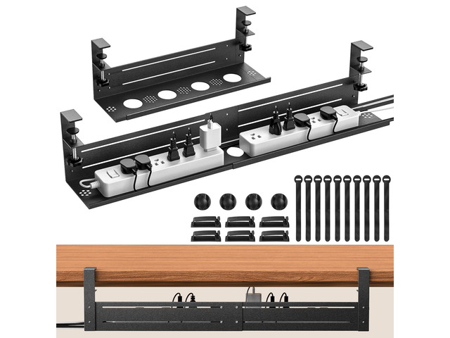 Under Desk Cable Management Tray - 18-29in Retractable Iron Cord Organizer, No-Drill Installation with Anti-Slip Pads, Desk Cable Tray for Office,...
