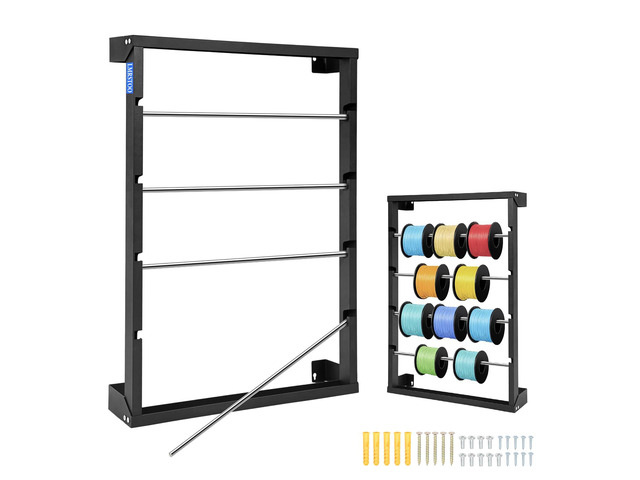 Heavy Duty Wall Mounted Wire Spool Rack, with 4 Adjustable Rods Cold-Rolled Steel Wire Spool Holder, Wire Spool Storage Rack for Industrial,...