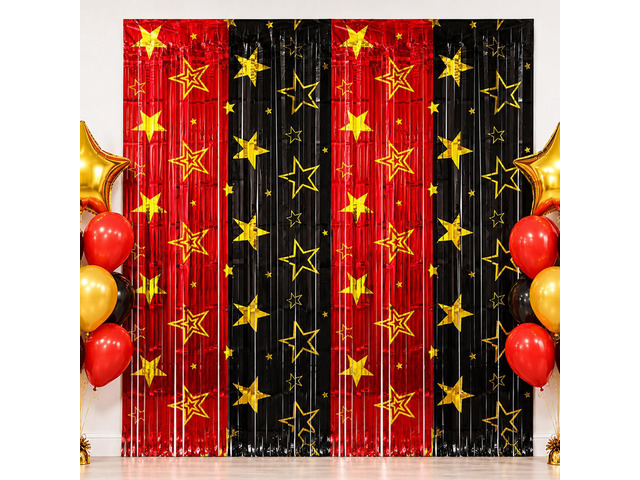 Movie Night Foil Fringe Curtains Backdrop Decorations, 2 Pack 3.3 x 6.6 Ft Star Red and Black Movie Tinsel Streamers Backdrop for Movie Theater...