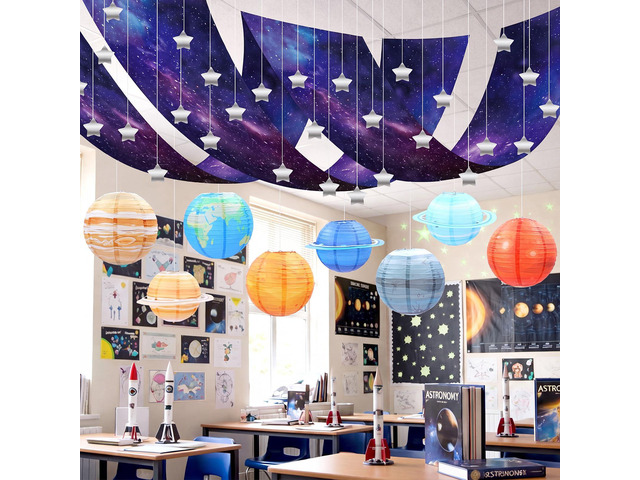 13 Pcs Space Ceiling Decoration for Classroom, 12' x 2 ft Galaxy Hanging Backdrop 8 Solar System Paper Lanterns & Star Foil Fringe Curtains...