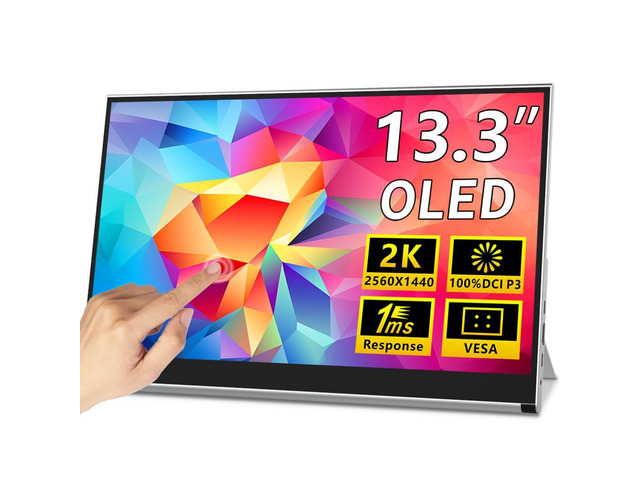 OLED Portable Touch Monitor 13.3' 2K for Laptop/PC External Display 100% DCI-P3, 10-Bit Color, 1ms, Ultra-Slim w/Kickstand, USB-C & HDMI