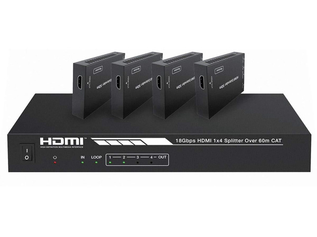 4K HDMI 2.0 1x4 Splitter Extender Kit - Up to 60 Meters 4K@60Hz, 18Gbps, HDR10, HDR10+, Dolby Vision, Hyper LogGamma, HDCP 2.2, HDMI Loop Out,...