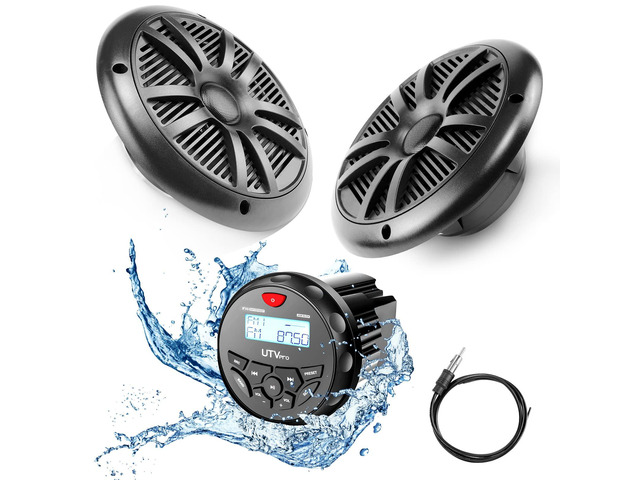 Marine Audio System Stereo Speaker Package, Bluetooth, MP3 USB AM FM Marine Stereo - 2 x 6.5 Inch Black Speakers, Antenna